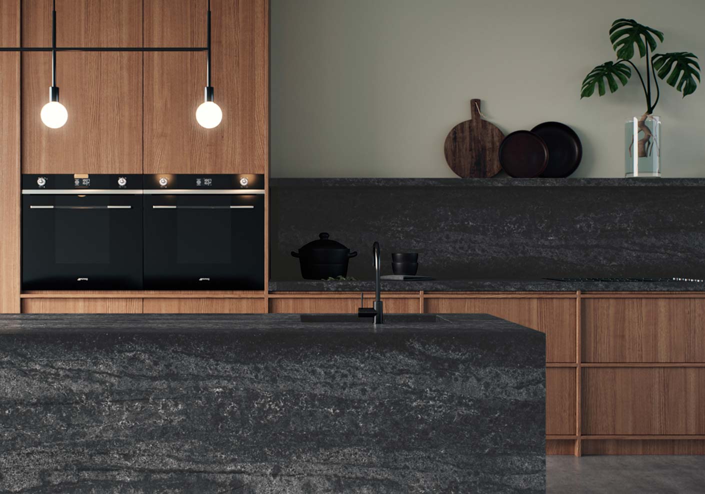 A bold and rich dark kitchen benchtop made from engineered stone by Caesarstone