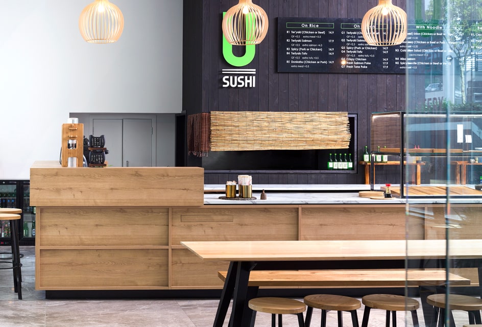 Sushi shop commercial restaurant wood tone bar counter