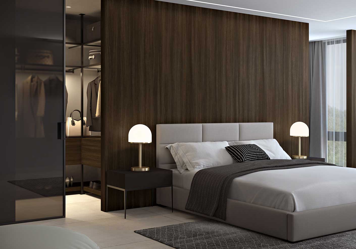 Luxurious bedroom dark brown walk-in wardrobe partition
