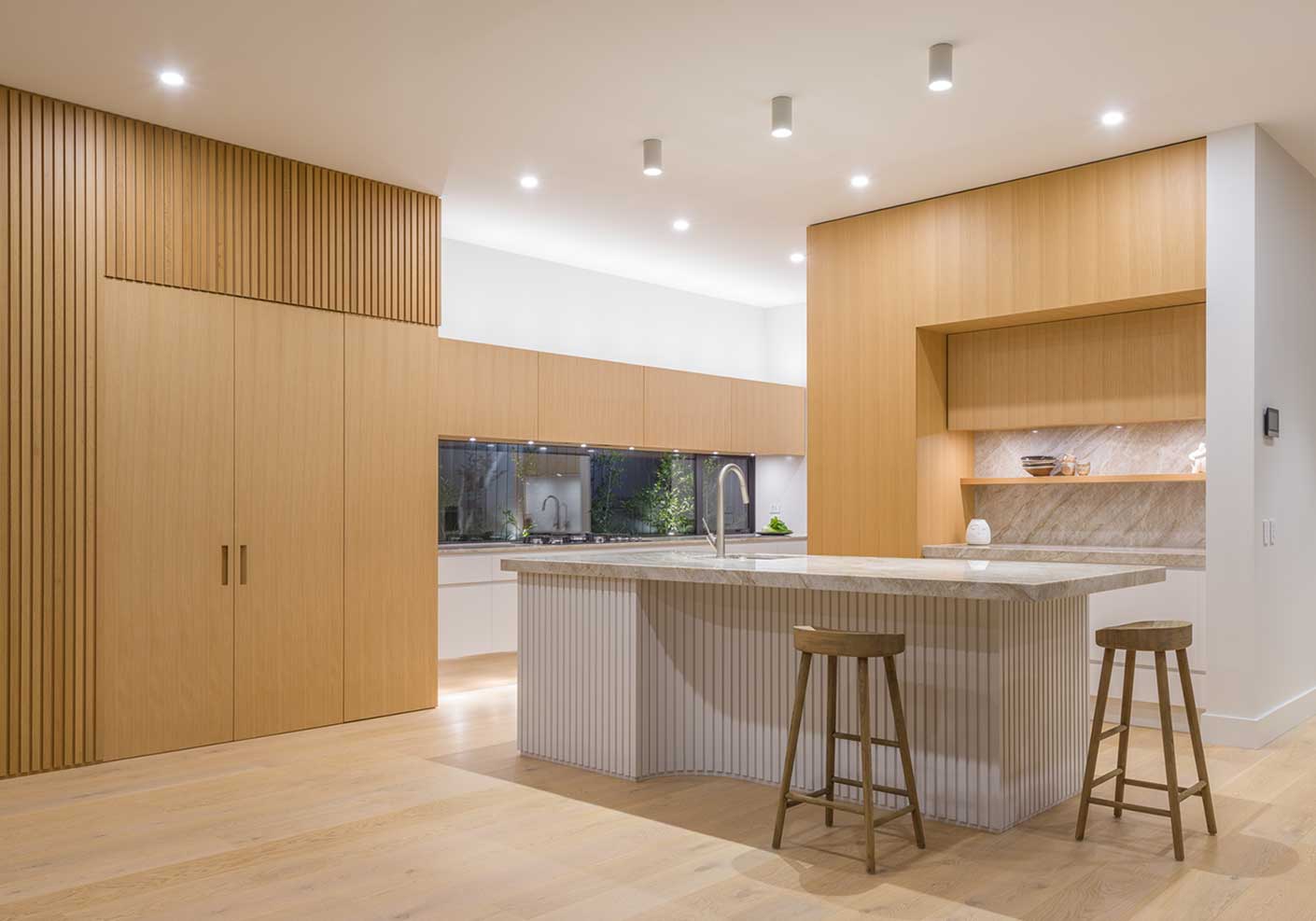 Warm kitchen cabinets with storage