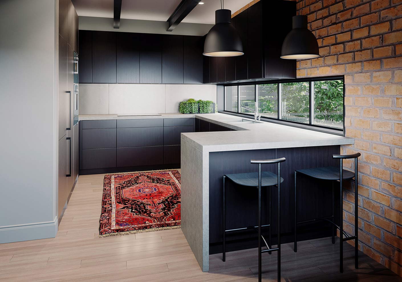 Seamless kitchen with black cabinet and grey countertop