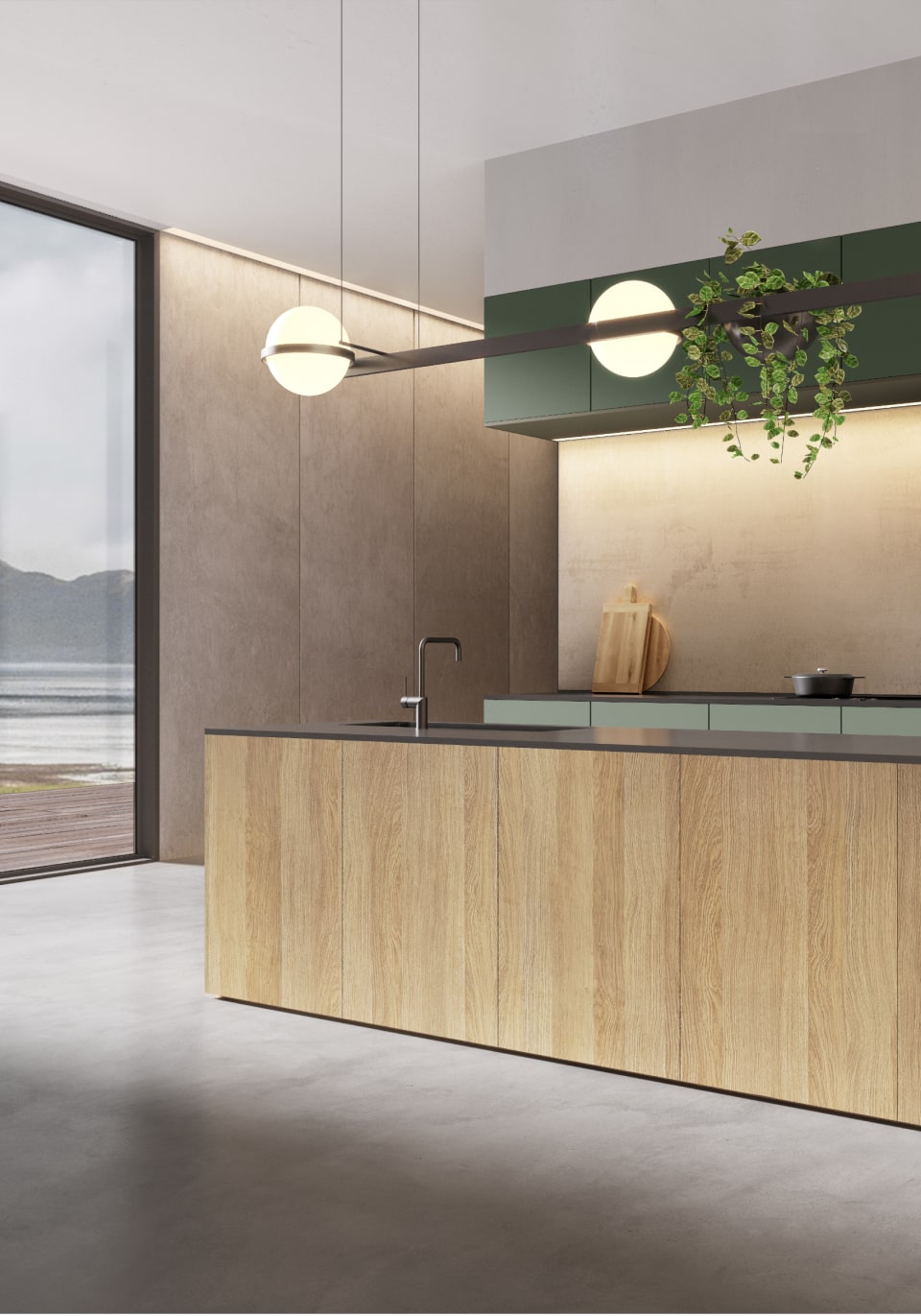 Green and woodgrain kitchen idea