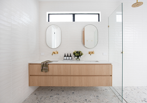 Wood grain laminate bathroom vanity