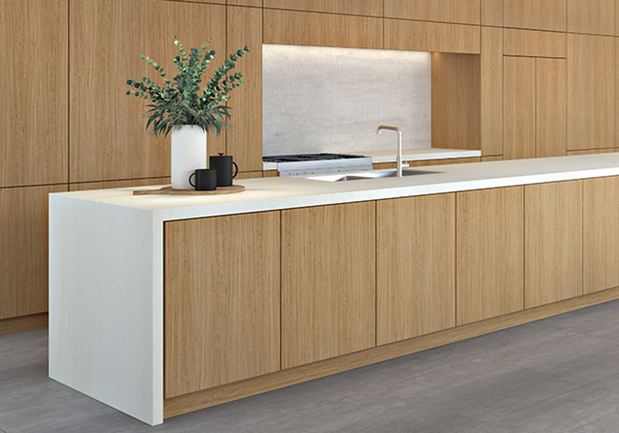 Natural wood grain effect kitchen design