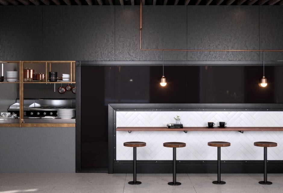 Dark kitchen with herringbone seratone tiles